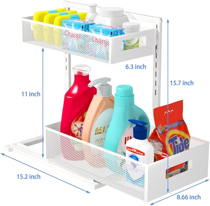Under Sink Organizer Adjustable Height 2 Tier Bathroom Organizer Pull Out Cabinet Organer kitchen organizers and storage fridge organizers and storage,White,XL-1 Pack