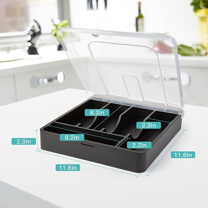 Utensil Holder for Countertop with Lid, Plastic Silverware Tray for Drawer, 5 Compartments Flatware Organizer, Black