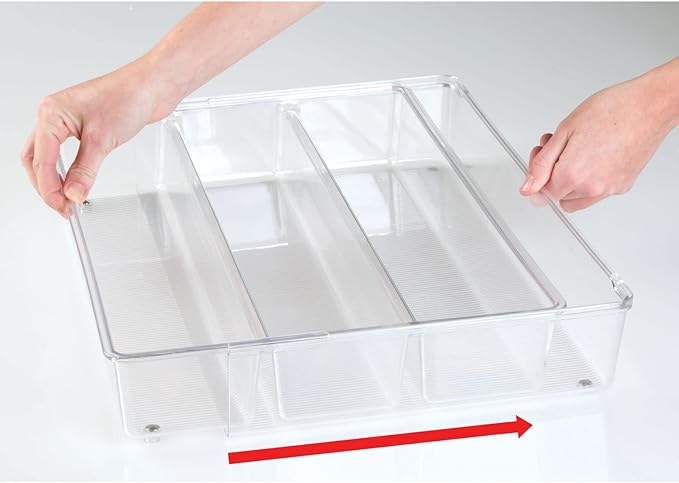 mDesign Plastic Adjustable/Expandable Divided Drawer Storage Organizer with 4 Compartments for Kitchen Pantry, Cupboard, Cabinet, Hold Silverware, Utensils, Cutlery - Ligne Collection - Clear