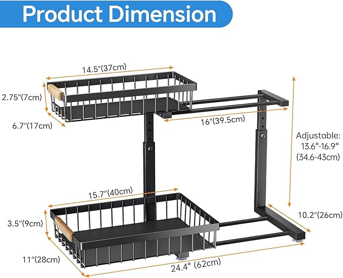 PXRACK Large Under Sink Organizer, Adjustable Height, 2-Tier Slide Out,Thickened Metal Shelf Under Sink Storage for Kitchen, Bathroom, Cabinet,Pantry,Black,1 PACK,Small Space-saving