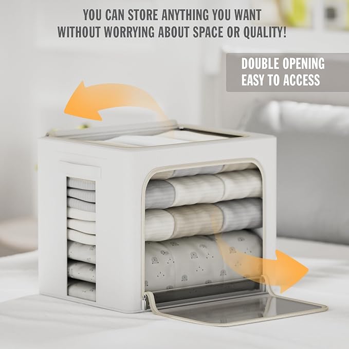 2 Pack Clear Window Storage Bins Large Stackable Linen Fabric Storage for Clothes Foldable Container Organizer Set with Carrying Handles (Lvory White, 15.7x 11.8x 11.7Inch)