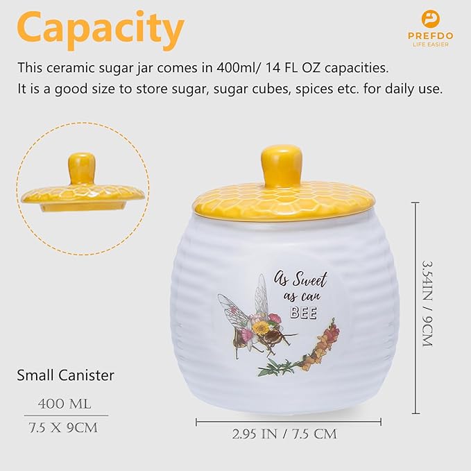 Ceramic Sugar Jar Sugar Bowl with Lid Kitchen Storage Canisters Honey Bee & Flower Pattern Candy Jar for Kitchen Counter Coffee Bar Party Table, 400ml/14oz