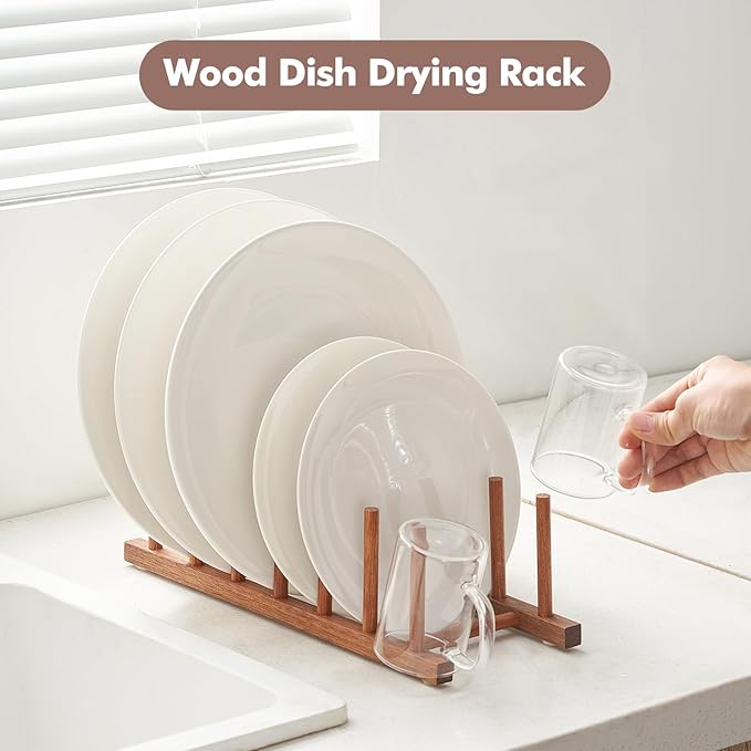 Pot Lid Plate Organizer Holder for Cabinet Space Saver-2 Pack Wooden Dish Drying Rack- Cutting Board Organizer Holder-Plate Rack for Dish/Pot Lid/Bowl/Cup/Cutting Board