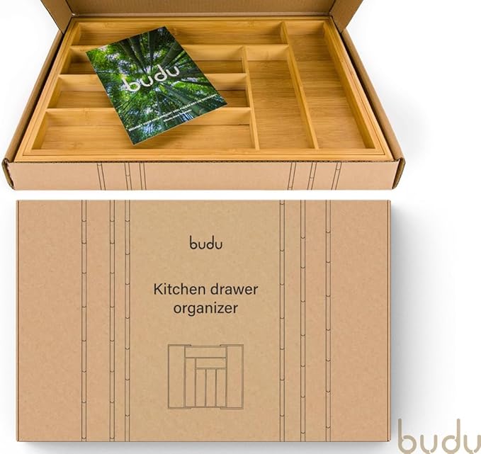 budu Silverware Drawer Organizer #18.5" Depth – Utensil Holder, Kitchen Drawer Organizers for Flatware, Cutlery – Perfect Utensil Organizer for Silverware & Other Kitchen Organization Tools & Storage