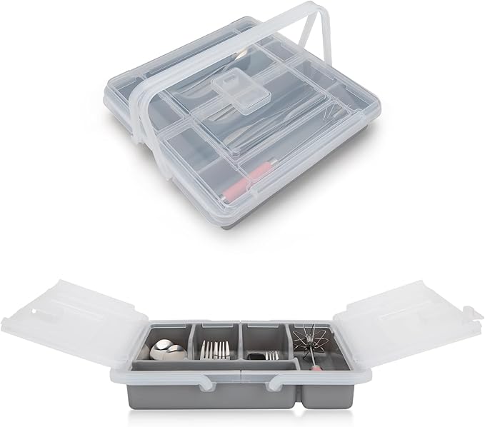 Portable Utensil Holder for Countertop with Lid & Handle, Plastic Silverware Tray for Drawer Flatware Organizer, Gray