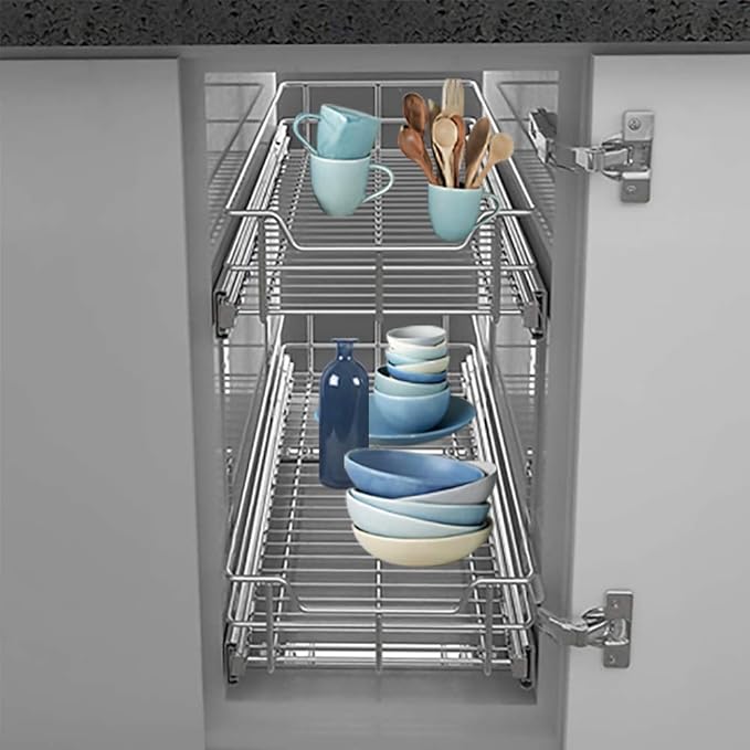2 Tier Pull Out Cabinet Organizer 17" W X 22" D, Slide Out Drawers For Kitchen Cabinets, Pullout Drawers For Cabinets Capacity Heavy Duty Caddy, Cabinet Pullout Shelves Chrome-Plated,Bathroom Pantry