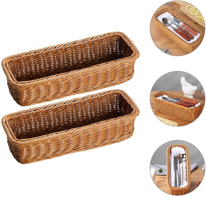 Cabilock 2pcs Wicker Rectangular Woven Baskets Bins Rattan Woven Utensils Holder Cutlery Organizer for Countertop Chopsticks Storage