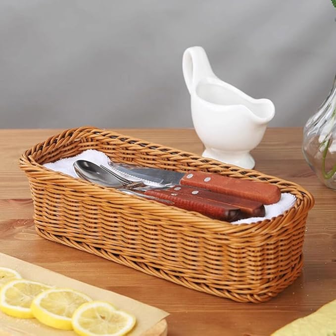 Cabilock 2pcs Wicker Rectangular Woven Baskets Bins Rattan Woven Utensils Holder Cutlery Organizer for Countertop Chopsticks Storage
