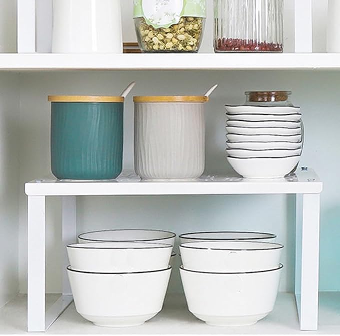 Kitchen Cabinet Shelf Organizer Stackable Counter Spice Storage Rack Metal Space Saver for Pantry Cupboard Countertop Bathroom Under Sink Office, White - Large