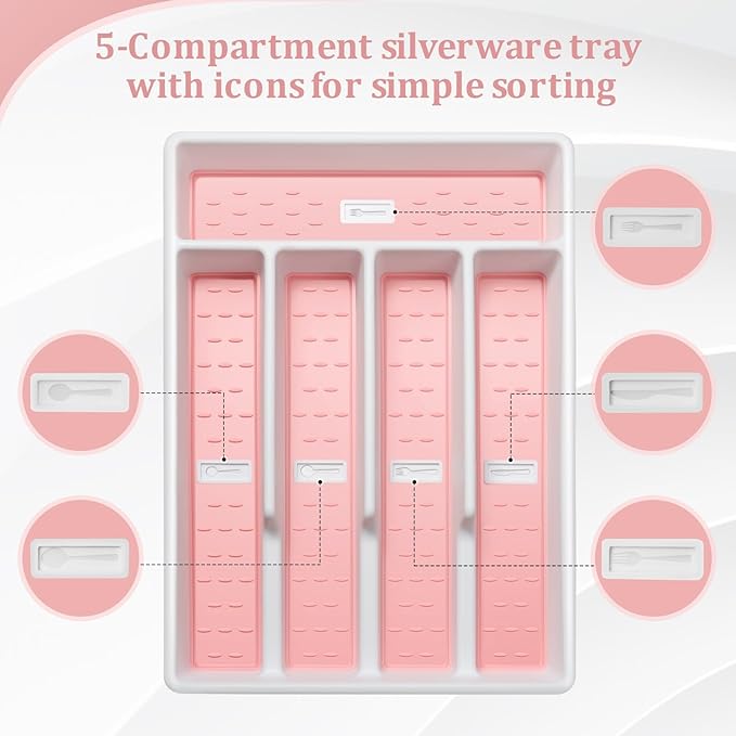 Silverware Organizer with Cutlery Icons,Silverware Tray for Kitchen Drawer,Flatware Tableware Cultery Drawer Organizer Utensil Organizer with Non-slip TPR Linings,Pink Kitchen Organization Essentials