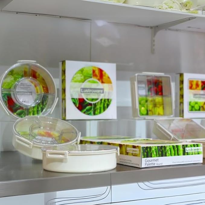 Gourmet Palette Airtight 5-Compartment Round Serving Tray with Lid, Portable Snackle Platter, Charcuterie Organizer Box, Removable Dividers for Fruit, Veggies, Snacks, Appetizers and More
