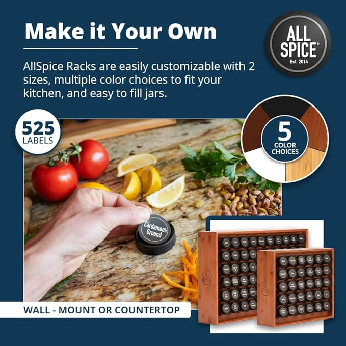 AllSpice Wood Spice Rack Organizer, 525 Unique Labels, Countertop or Wall Mount, Includes 30 4oz Jars- Cherry Stain