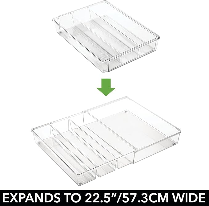 mDesign Plastic Adjustable/Expandable Divided Drawer Storage Organizer with 4 Compartments for Kitchen Pantry, Cupboard, Cabinet, Hold Silverware, Utensils, Cutlery - Ligne Collection - Clear