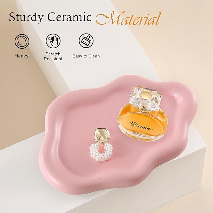 Ceramic Jewelry Tray Trinket Dish, Decorative Cloud Vanity Key Tray for Women, Ring Holder Dish, Cute Jewelry Plate Bowl Room Decor Aesthetic, Pink, Medium