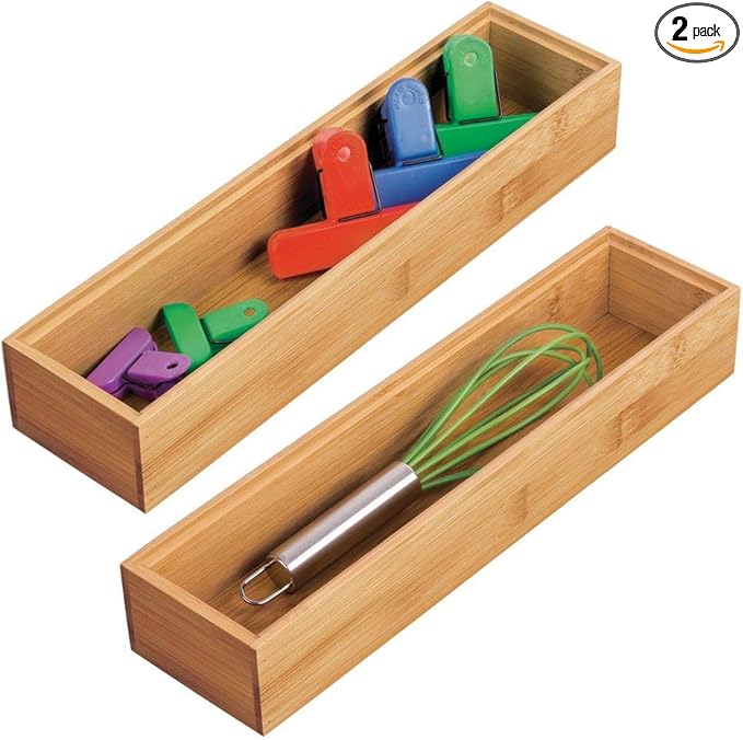 mDesign Slim Wooden Bamboo Drawer Organizer - 12" Long Stackable Storage Box Tray for Kitchen Drawers/Cabinet - Utensil, Silverware, Spatula, Flatware Holder - Echo Collection, 2 Pack, Natural Wood