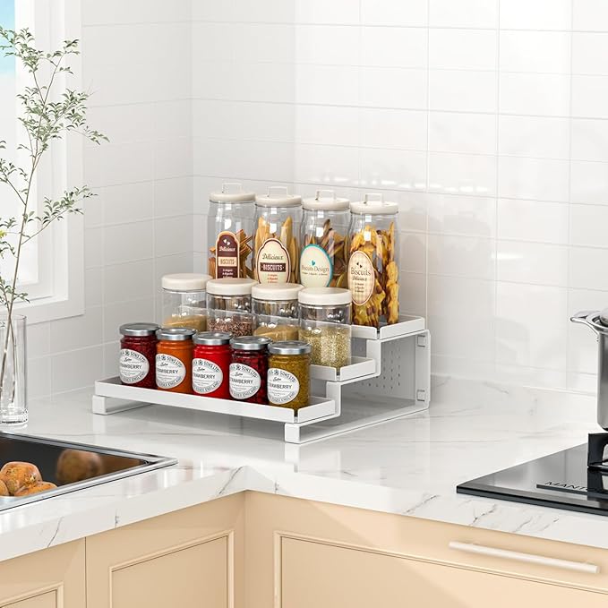 3-Tiered Shelf Organizer, Sturdy Countertop Spice Rack for Cabinet, Metal Rustproof Spice Storage Holder, Step Spice Shelf Kitchen Cupboard Pantry Seasoning Rack,White