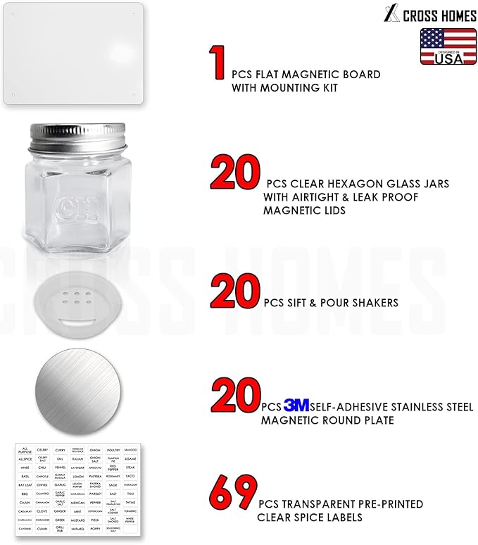 Magnetic Empty Small Hexagon Glass Spice Jars 20 Sets With Lids, Shaker, Board, Labels - DIY Spice Tins/Rack for Refrigerator, Fridge, Cabinet, Wall Mount