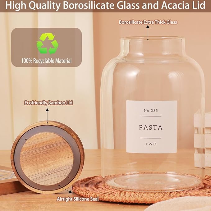 High Borosilicate Glass Jar with Airtight Acacia Lid and 132 Kitchen Panty Labels Preprinted - 67 Fl Oz Thicken Glass Food Storage Container Canister for Coffee, Brown Sugar, Candy, Cookie, Cereal