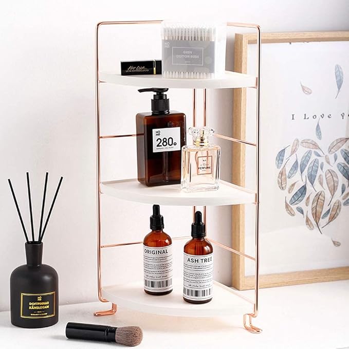 3-Tier Bathroom Countertop Organizer - Vanity Tray Cosmetic & Makeup Storage- Kitchen Spice Rack Standing Shelf - Corner Storage Shelf, Rose Gold