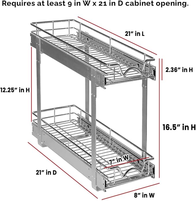 HOLDN’ STORAGE Pull Out Cabinet Organizer 2 Tier – Heavy Duty Metal with Lifetime Limited Warranty -Anti Rust Chrome Finish -8.5" W x 21" D x 16-1/2"H