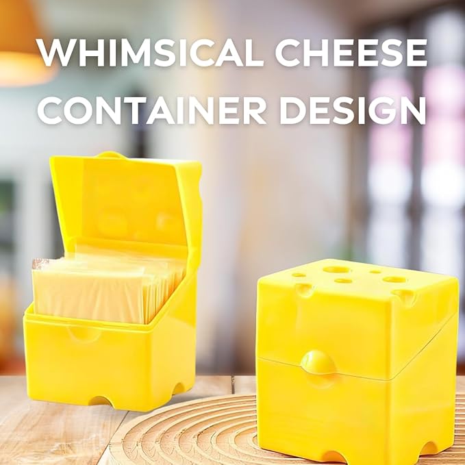 Cheese Container for Refrigerator, Sliced Cheese Container - BPA Free Plastic, Yellow, 3.7x3.7x3.7 inches, Holds 20-26 Slices, Playful Cow Design