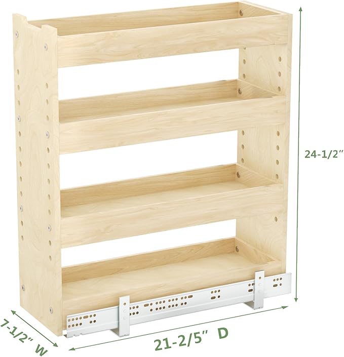 ROOMTEC Pull Out Cabinet Organizer with U Bracket,7½”W x 24½”H 4-Tier Adjustable Kitchen Spice Rack, Spice Rack Organizer for Narrow Cabinet Drawers Slide Out, Soft Close