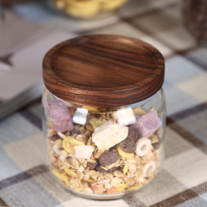 KKC HOME ACCENTS Clear Glass Food Storage Canisters with Airtight Wooden Lids for Coffee Beans,Ground Coffee,Loose Leaf Tea,Pack of 4