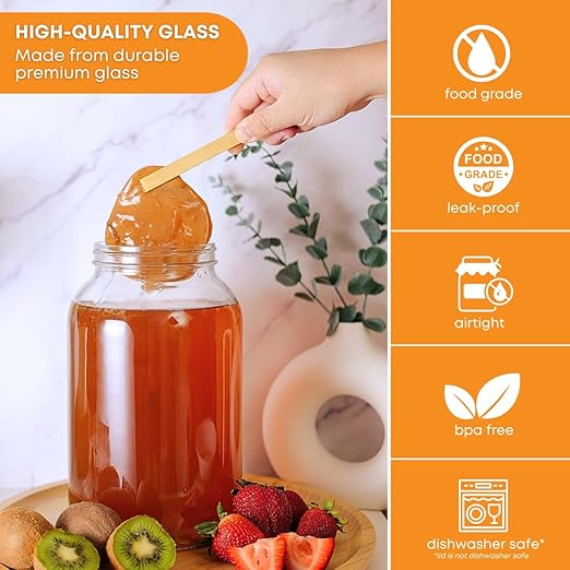 FastRack - One Gallon Wide Mouth Jar with White Metal Airtight Lid (Pack of 2) | Glass Canisters with Airtight Lids | Gallon Glass Jar with fermentation lids for brewing, fermentation and pickling