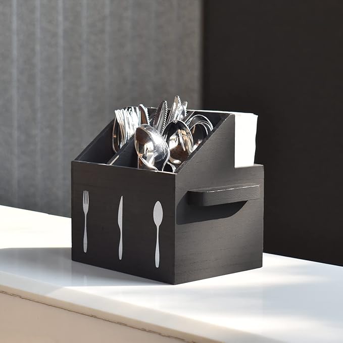 Ikee Design Wooden Utensil Caddy with Handles, Silverware Caddy, Silverware Holder for Countertop,Party,Camping and Kitchen, Organizer, Picnic Cutlery Holders, Black Color