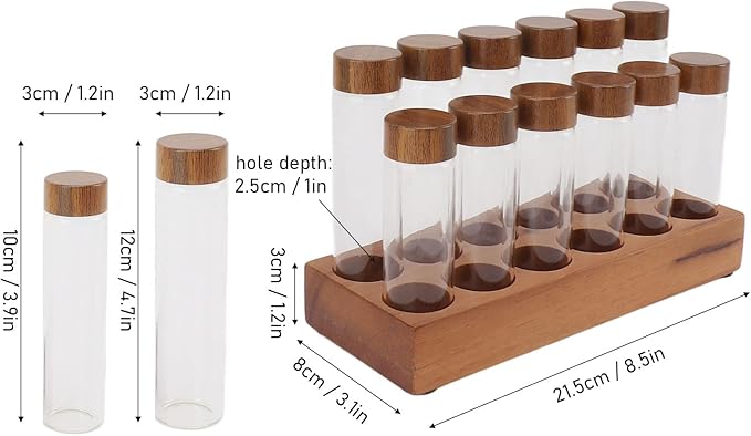 Coffee Bean Storage Tubes Single Dose, 6PCS or 12PCS Coffee Bean Cellar, Dosing Glass Vials with Lids, Wooden Display Stand and Funnel, Airtight Sealed Glass Canister Jars Tubes