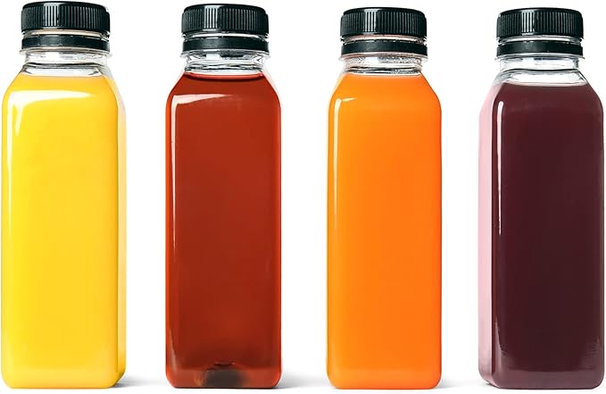 10 OZ Plastic Juice Bottles, Reusable Bulk Beverage Containers, for Juice, Milk and Other Beverages, 4 Pcs.