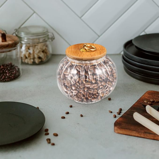 PRETYZOOM Glass Pumpkin Jar with Airtight Lids, 800ml Clear Canister, Pumpkin Shaped Candy Jar, Kitchen Countertop Food Storage Jar for Sugar, Coffee, Loose Tea