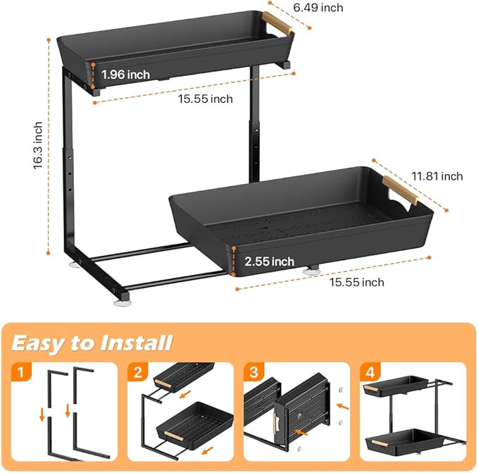 2 Pack Under Sink Organizer, 2 Tier Pull Out Under Sink Organziers and Storage, Height Adjustable Slide Out Under Sink Cabinet Organizer for Kitchen Bathroom Laundry