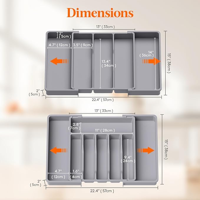 Lifewit Silverware Drawer Organizer and Utensil Organizer Set, Expandable Cooking Cutlery Tray for Kitchen, Adjustable Plastic Flatware Holder Storage Divider for Spoons Forks Knives, Large, Gray