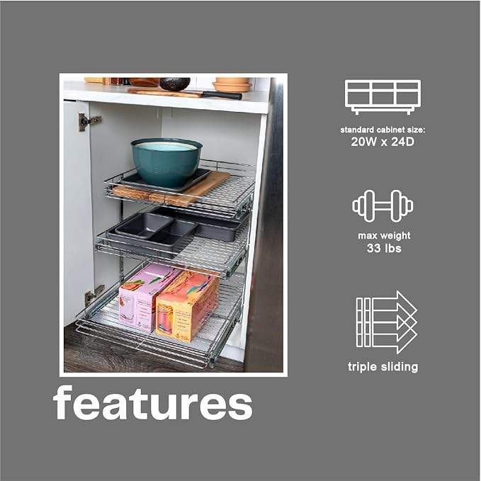 Household Essentials Glidez Multipurpose Chrome-Plated Steel Pull-Out/Slide-Out Triple-Sliding Storage Organizer for Cookware and Bakeware - 3-Tier Design - Fits Standard Size Cabinet or Shelf, Chrome