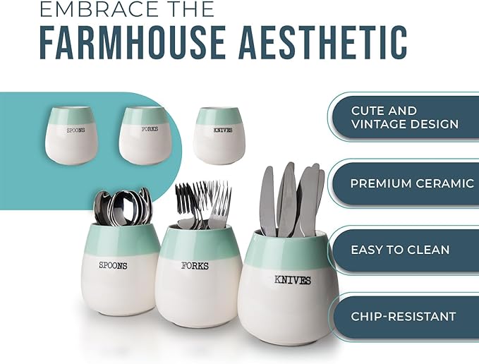 Ceramic "Honeypot" Cutlery Holder - Set of 3 - Farmhouse Silverware Caddy for Kitchen Countretop - Decorative Spoon, Fork & Knife Holder for Parties & More - Rustic Caddy Made of Premium Ceramic
