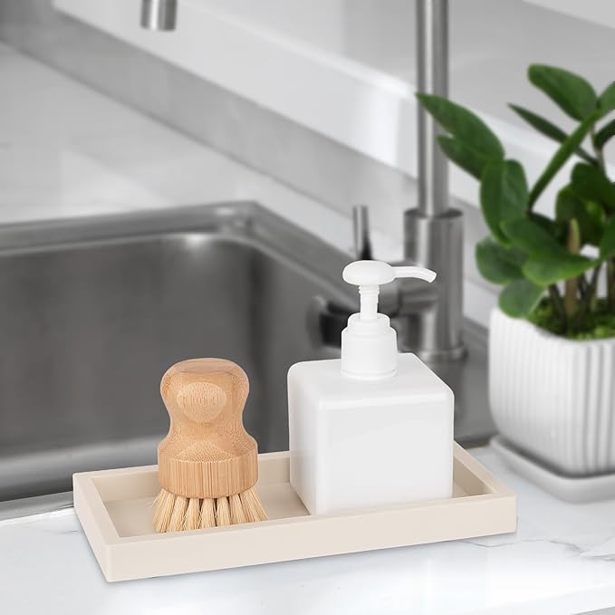 Bathroom Tray, Small Vanity Tray Silicone Soap Dish Sponge Holder Kitchen Sink Organizer Bathroom Accessories for Countertop, Toilet, Shower - Beige