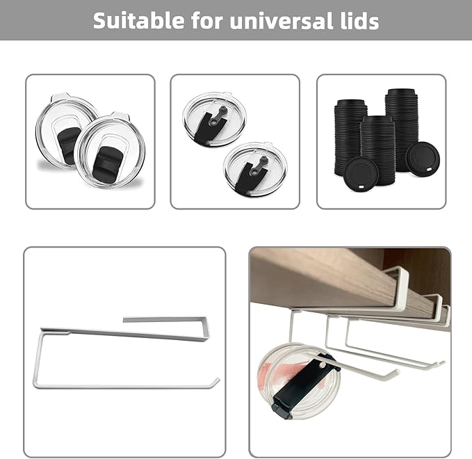 3 Pieces Tumbler Lid Storage Hook, No Install Cup Lid Organizers Inside Cabinet (No Screws, No Adhesive), Clip-On Cup Lid Organizer for Saves Kitchen Space (White), FFHJ38