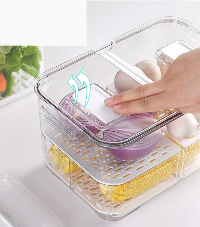 SANNO Refrigerator Food Storage Containers Stay Fresh,Food Storage Container Bin Stackable Refrigerator Freezer Organizer Fresh Keeper Drawers with Vented Lids and Removable Drain Tray