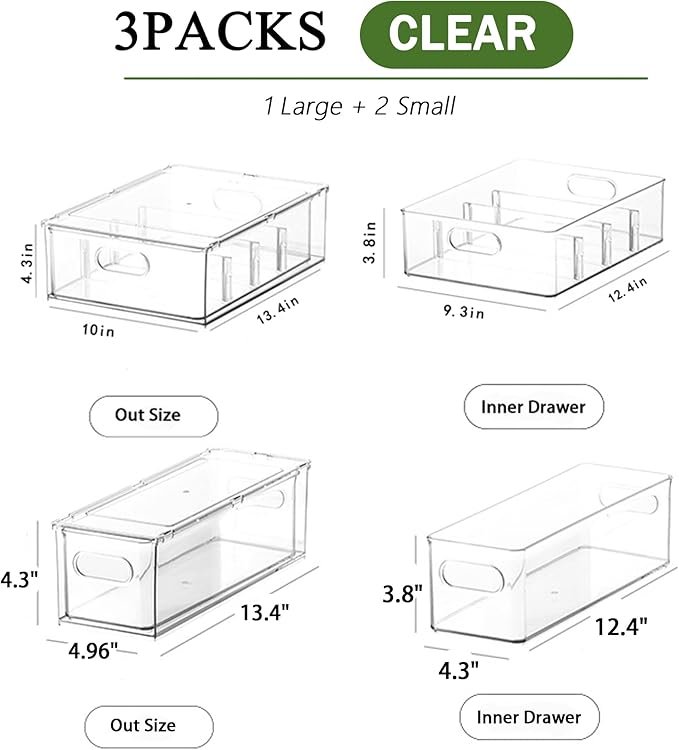3 Pack Fridge Organizer and Storage,Clear Storge Bins with Pull-out Drawer, Fridge Drawers Clear Stackable Storage Bins Containers for Freezer, Refrigerator, Pantry, Kitchen