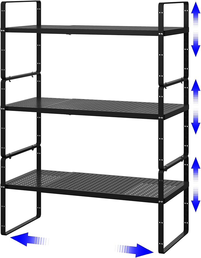 Expandable Kitchen Shelf Organizers, Kitchen Cabinet Organizer Stand Rack Organization for Countertop Cupborad Pantry, Black 3 Pack