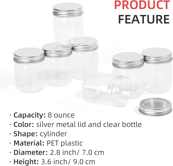 8 Ounce Clear Plastic Mason Jars With Screw On Lid, Reusable Empty Jars for Food Storage, Round BPA Free Containers for Sealing, Dry Food, Snacks, Candies, Breakage-proof, (Silver - 32 Pack)