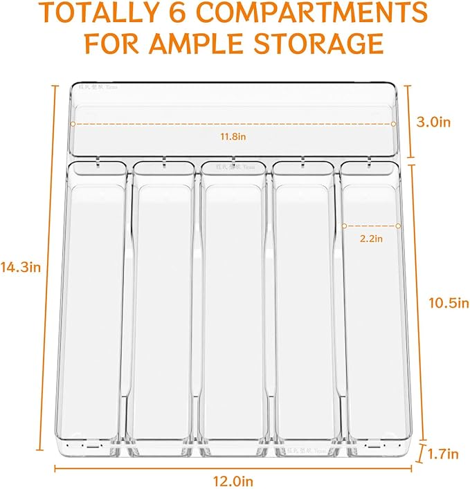Clear Silverware Organizer for Kitchen Drawers,BPA Free Cutlery Drawer Organizer,6 Slots Plastic Utensils Organizer Suitable as In-Drawer Silverware Holder and Tray,Flatware,Knife,Fork,Spoon Organizer