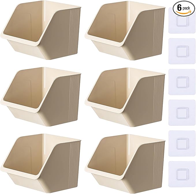6-Pack Small Beige Storage Baskets, Plastic Storage Bins Kitchen Wall Organizer and Storage Shelves, Spice Organizer, Adhesive Spice Rack Wall Mount for Countertop/Cabinet/Bathroom