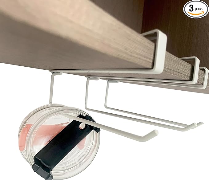 3 Pieces Tumbler Lid Storage Hook, No Install Cup Lid Organizers Inside Cabinet (No Screws, No Adhesive), Clip-On Cup Lid Organizer for Saves Kitchen Space (White), FFHJ38