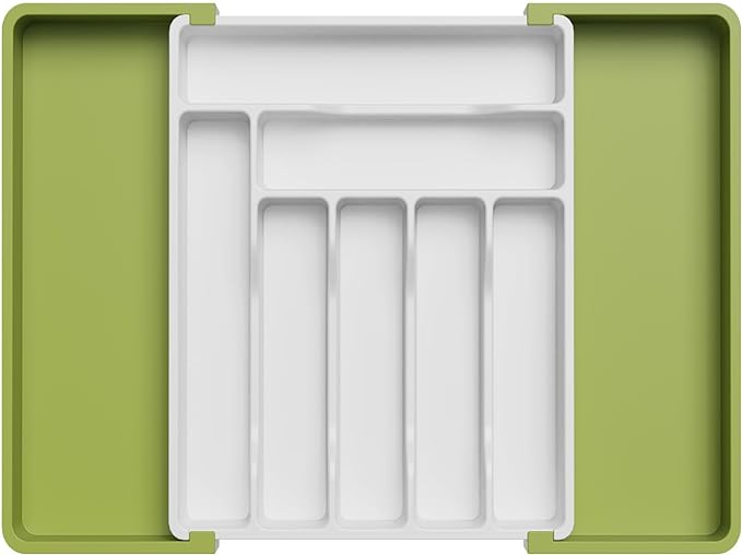 Lifewit Silverware Drawer Organizer, Expandable Utensil Organizer for Kitchen Drawers, Adjustable Cutlery and Flatware Tray, Plastic Spoons Forks Knives Holder Storage Dividers, Large, Green&White