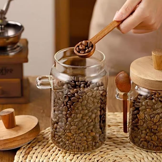ANSQU Set of 2 Glass Food Storage Jars with Bamboo Wood Lid and Spoon, 27oz Glass Kitchen Canisters for Coffee, Tea, Cereal, Spice and Canning, Mason Jars (27oz-2pack)