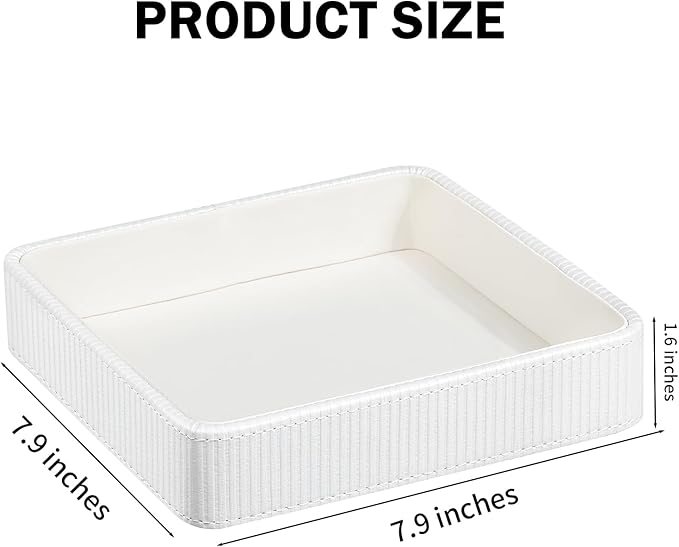 PU Leather Valet Tray Organizer, Small Nightstand Organizer Bedside Desktop Storage for Womens and Men, Perfume Trinket Catchall Vanity Tray for Key Watch Wallet (White, Square)