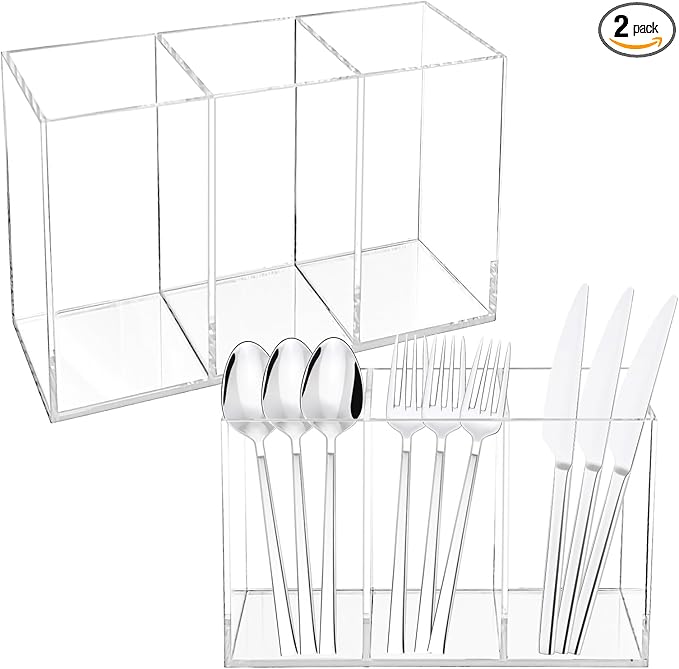 Rainmae 2Pack Acrylic Cutlery Storage Organizer, Plastic Cutlery Utensil Holder Storage Organizer Caddy for Kitchen Countertop Organization, Holds Fork, Knife, Spoon, Silverware Tableware Storage Box