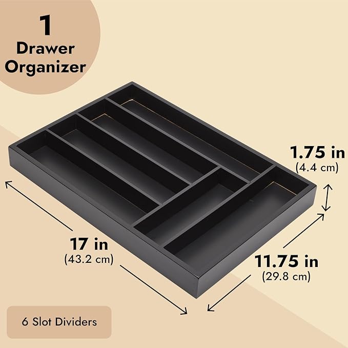 Juvale Bamboo Silverware Organizer for Drawer, Kitchen, 6 Slot Utensil Tray (Black, 17 x 11.75 x 1.75 In)